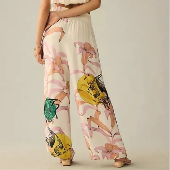 Anthropologie Pia Binazzi XSP NWT Graphic Floral Wide-Leg Pants Fish XS Petite